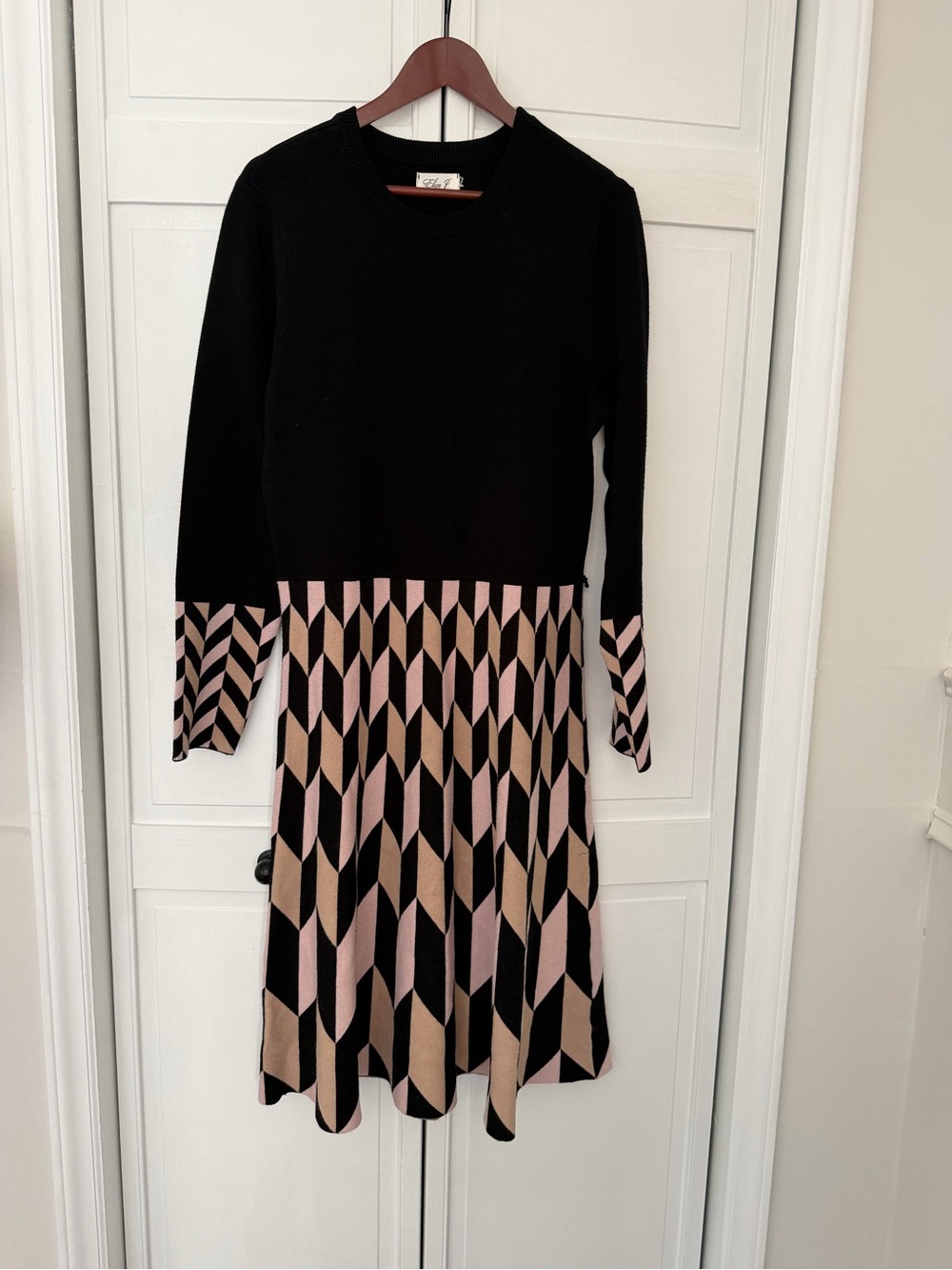 Eliza J Black Dress with Blush and Tan Geometric Skirt